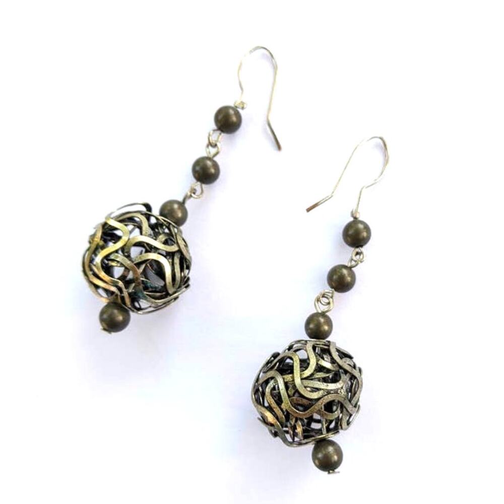 Funky twisted metal wire-wrap ball fish hook earrings